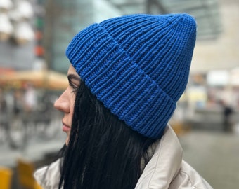 Merino Wool Winter Hat (Hand Knitted, Blue)