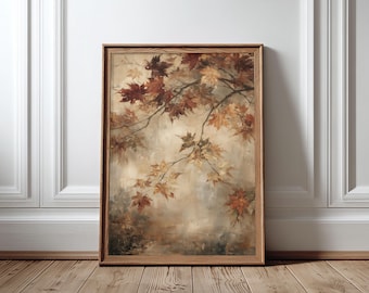 May include: A rectangular framed wall art print featuring a painting of maple tree branches with autumn leaves in shades of deep red, orange, and golden yellow against a soft, muted beige and cream background, enclosed in a light brown wood frame.