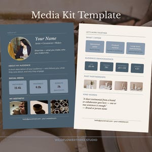 May include: A media kit template with a blue and white design. The template includes sections for artist information, audience demographics, and social media statistics. The text "Media Kit Template" is at the top.