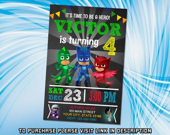 Personalize PJ Mask Birthday Invitation, PJ mask party invitation, Printable birthday invitations, Super hero Invitation