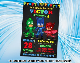 Personalize PJ Mask Birthday Invitation, PJ mask party invitation, Printable birthday invitations, Super hero Invitation