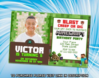 Gaming Birthday Invitation, Minecrafter Birthday Invitations, Birthday Invitation for kids