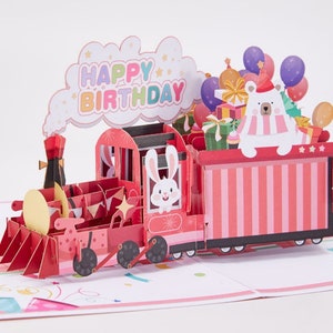 Trem de aniversário de coelho fofo - Cartão de felicitações pop-up 3D - Cartão de comemoração rosa