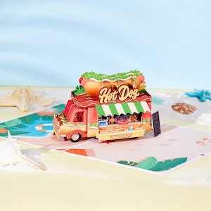 Camion de hot-dogs de plage - carte de voeux pop-up 3D - carte de remerciement unique, carte de voeux pour le plaisir