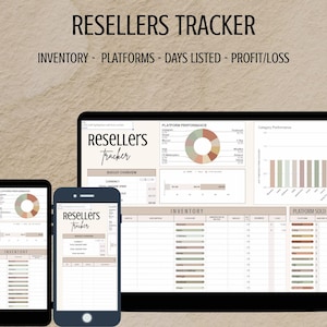 May include: A digital reseller tracker displayed on a laptop, tablet, and smartphone. The screens show data visualizations and the text "RESELLERS TRACKER" and "INVENTORY - PLATFORMS - DAYS LISTED - PROFIT/LOSS".