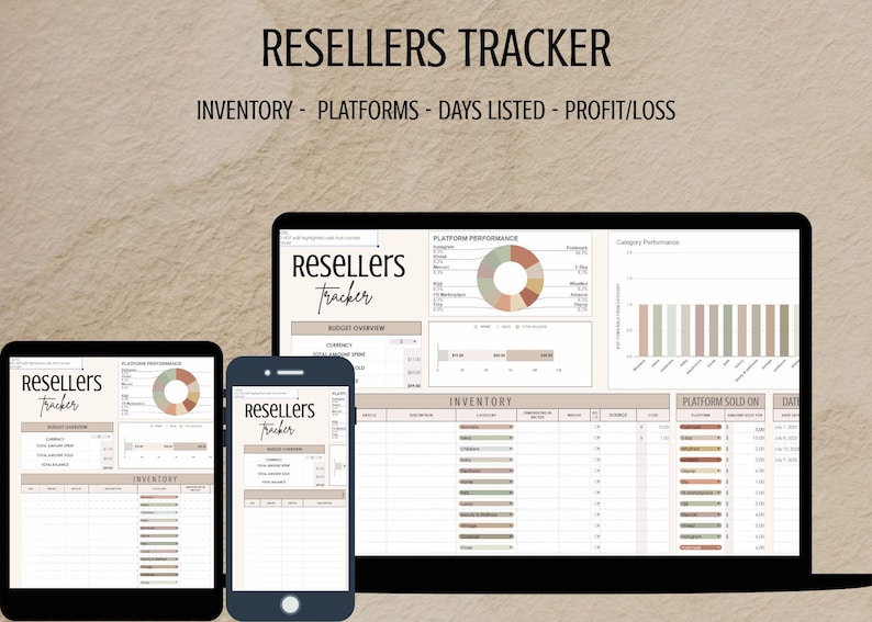 May include: A digital reseller tracker displayed on a laptop, tablet, and smartphone. The screens show data visualizations and the text "RESELLERS TRACKER" and "INVENTORY - PLATFORMS - DAYS LISTED - PROFIT/LOSS".