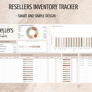 May include: A digital inventory tracker titled "Resellers Inventory Tracker" with the subtitle "Smart and Simple Design." The spreadsheet includes sections for budget overview, platform performance, and inventory details. The color scheme is neutral with beige and brown tones.