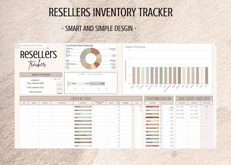 May include: A digital inventory tracker titled "Resellers Inventory Tracker" with the subtitle "Smart and Simple Design." The spreadsheet includes sections for budget overview, platform performance, and inventory details. The color scheme is neutral with beige and brown tones.