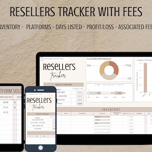 May include: A digital reseller tracker displayed on a tablet, smartphone, and laptop. The screens show data related to inventory, platforms, days listed, profit/loss, and associated fees. The text "RESELLERS TRACKER WITH FEES" is at the top.