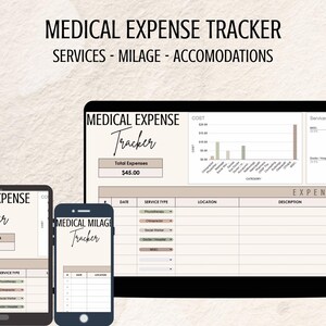 Peut inclure: Un suivi numérique des dépenses médicales affiché sur un ordinateur portable, une tablette et un smartphone. Les écrans affichent une mise en page de feuille de calcul avec des sections pour les dépenses, le type de service et l'emplacement.