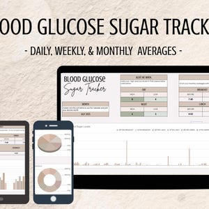 Puede incluir: Un rastreador digital de glucosa en sangre que se muestra en una computadora portátil, tableta y teléfono inteligente. Las pantallas muestran promedios diarios, semanales y mensuales. El texto "BLOOD GLUCOSE SUGAR TRACKER" está en la parte superior. Los dispositivos muestran gráficos y datos.