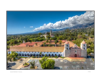 Santa Barbara Mission Sky View  Santa Barbara Photo Print  Mountains and Clouds