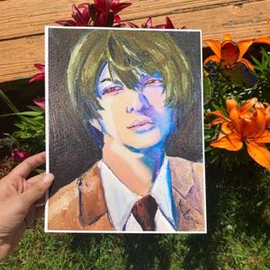 May include: An oil painting portrait of a person with green hair, wearing a brown suit jacket and a white collared shirt. The painting has a dark background and is signed "k.lee" in the bottom right corner.