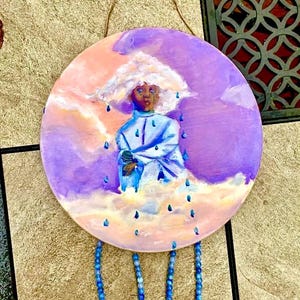 Hanging circle wood art with jewelry | Crying Cloud Boy