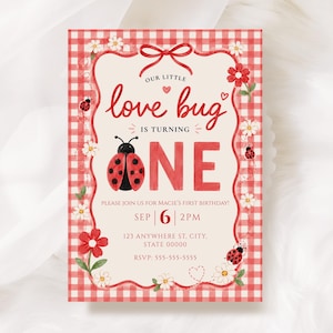 Love Bug First Birthday Invitation, Red Gingham Ladybug Party Template (Digital Download)