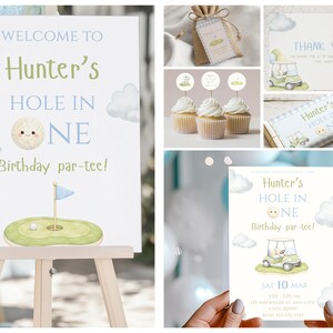 Pode incluir: Uma coleção de artigos para festas com tema de golfe. Inclui uma placa de boas-vindas com o texto "Welcome to Hunter's Hole in One Birthday par-tee!", cupcakes, convites e cartões de agradecimento. O esquema de cores é azul claro e verde.
