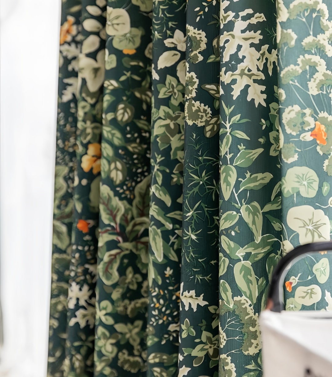 Green Floral Curtain, Semi-blackout Curtain, Imitation Linen, Pleat ...