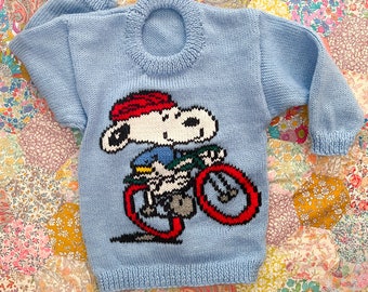 Snoopy Knitted Jumper - Children's knit for 3-4yo - Snoopy Riding a Bike, hand knitted Machine washable sweater (Acrylic wool) Peanuts