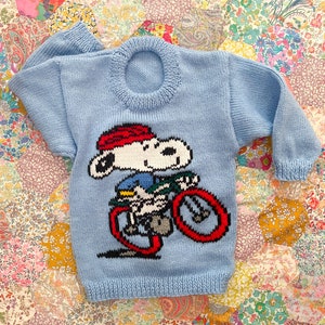 Snoopy Knitted Jumper - Children's knit for 3-4yo - Snoopy Riding a Bike, hand knitted Machine washable sweater (Acrylic wool) Peanuts