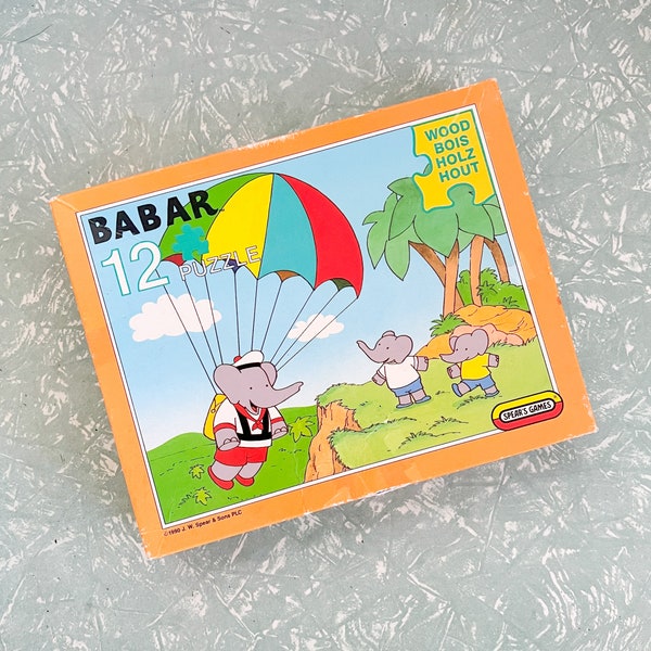 Vintage Babar Puzzle - 12 chunky wooden pieces - 1990 - Complete, in box - Children's puzzle, kids room