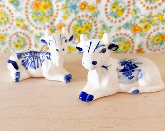 Vintage Pair of blue delft Cows salt and pepper shakers - Floral and windmill motif - s&p -Cottagecore - ceramic statues