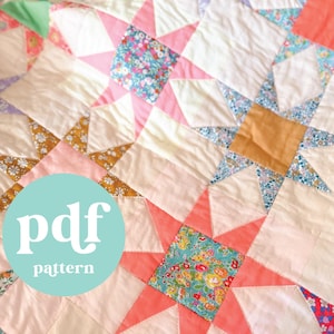 May include: A quilt featuring a star pattern composed of solid light pink, cream, and mustard yellow fabric squares alongside floral print fabric squares in shades of blue, red, and yellow. A circular light blue overlay displays the text pdf pattern.