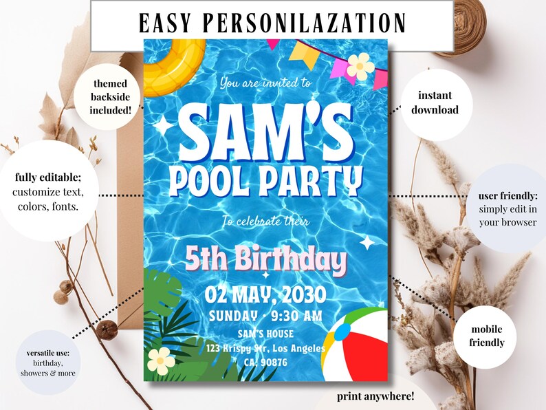 Editable Pool Party Birthday Invitation, Summer Birthday Party Evite ...