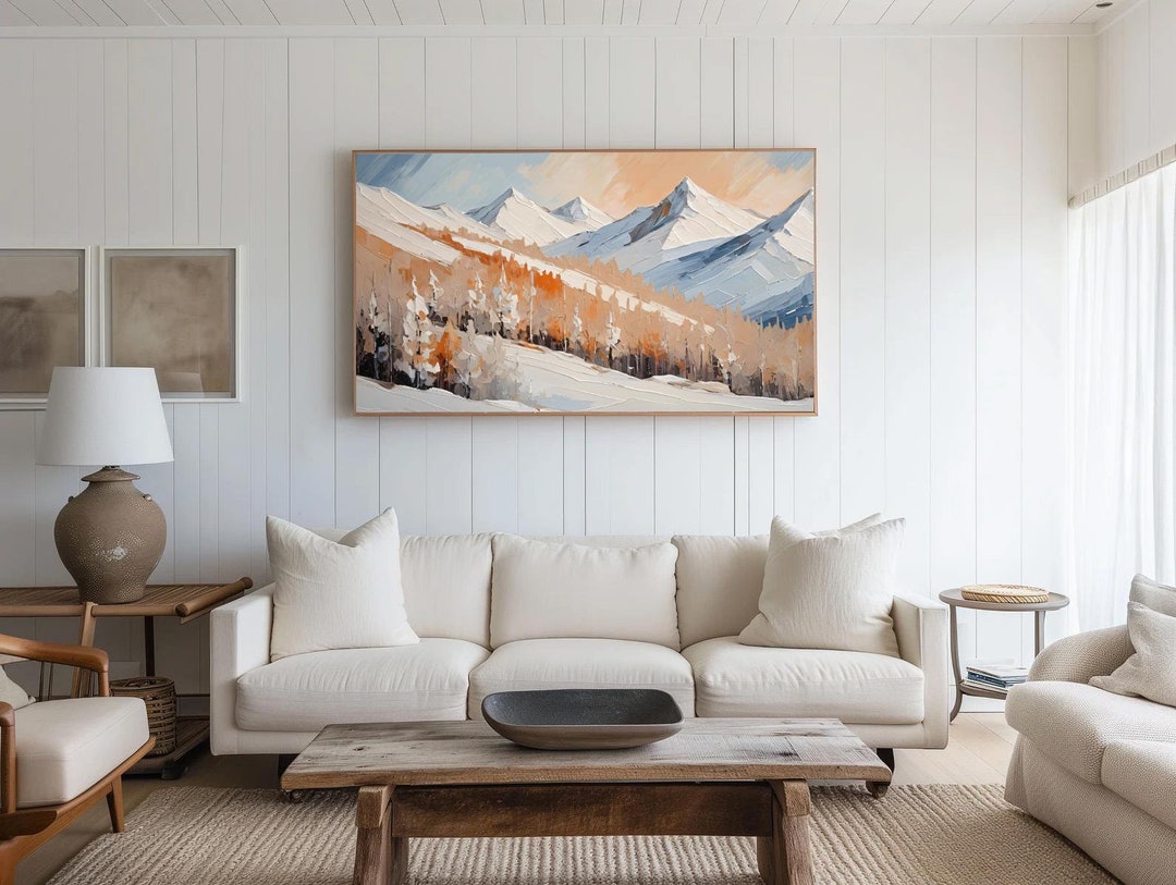 Peaceful Snowy Mountains Forest Painting Samsung Tv Frame Art , Winter