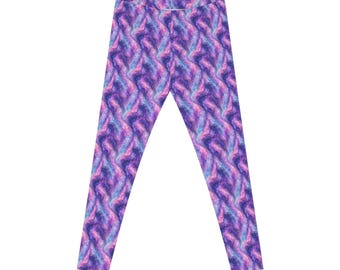 Leggings de mármol rosa y morado / Leggings casuales con estampado estético de remolino para mujer