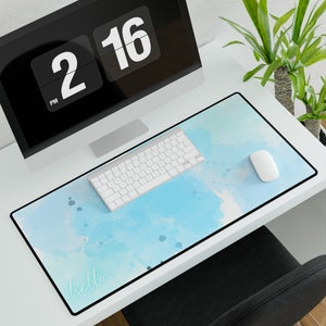 Light Blue &quot;Hello.&quot; Desk Mat, Colorful Computer Desk Mat, Aesthetic Desk Mat, Minimalistic Desk Mat, Girly Desk Mat, Girly Office Desk Gift