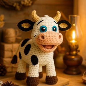 May include: A crocheted cow figurine with a smiling face, black spots, and brown hooves. The cow has yellow horns, black ears, and blue eyes. The text "PDF | Instant Download File Only" is at the top of the image.