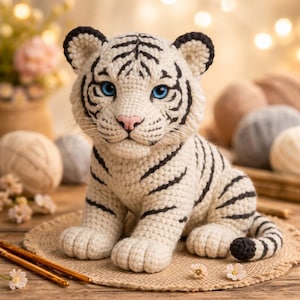 May include: A handcrafted white tiger cub amigurumi with black stripes and blue eyes. The crochet tiger is sitting on a round, tan mat. The tiger has a pink nose and is surrounded by flowers and yarn.