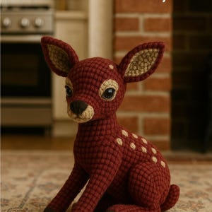 Könnte beinhalten: Gehäkeltes Reh in Burgunderrot mit beigen Akzenten an Ohren und Flecken. Das Reh sitzt. Der Text "PDF | Instant Download File Only" ist im Bild enthalten.