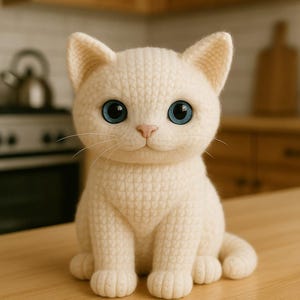 Könnte beinhalten: Eine handgefertigte, cremefarbene, gestrickte Katzenfigur mit großen, leuchtend blauen Augen und einer rosa Nase. Die Katze sitzt auf einer Holzoberfläche und zeigt ihre detaillierte Textur und ihr charmantes Design. Die Schnurrhaare der Katze sind sichtbar.