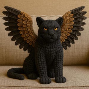 Könnte beinhalten: Eine schwarze, gestrickte Katzenskulptur mit großen, detaillierten Flügeln in Braun- und Beigetönen. Die Katze hat gelbe Augen und sitzt auf einer neutralfarbenen Oberfläche. Die Flügel sind weit ausgebreitet und erwecken den Eindruck des Fliegens.