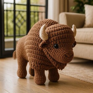Könnte beinhalten: Ein handgefertigtes, braunes Häkeltier in Form eines Bisons mit cremefarbenen Hörnern und schwarzen Augen. Das Bison steht auf vier Beinen und hat ein strukturiertes, detailliertes Design. Das Plüschtier ist ein dekorativer Artikel.