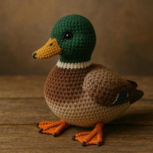 Puede incluir: Un pato hecho a mano con ganchillo, con cabeza verde, cuerpo marrón y patas naranjas. El pato tiene un pico amarillo y ojos negros. El pato está sobre una superficie de madera.