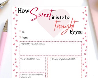 Valentine Printable for Teacher Valentine Card Thoughtful Teacher Valentine Gift