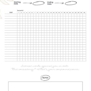 May include: A white progress tracker with the title "Progress Tracker" in a cursive font. The tracker includes sections for starting and ending dates, payment numbers, and a notes section. A quote about debt and consistency is also included.