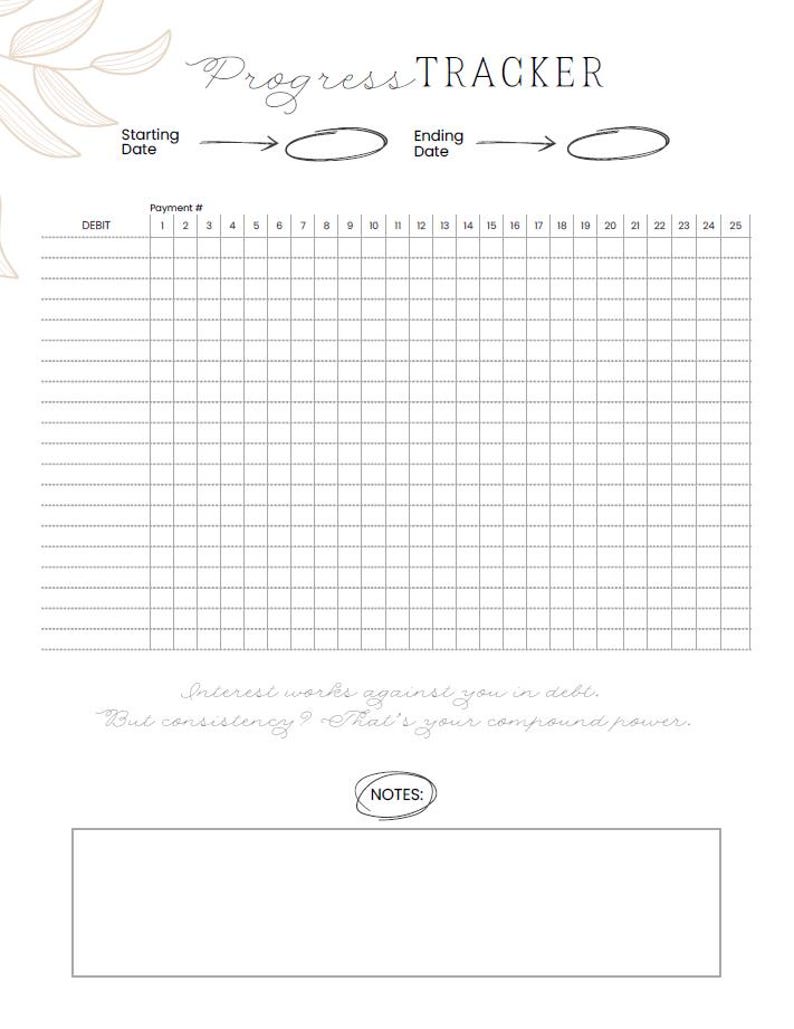 May include: A white progress tracker with the title "Progress Tracker" in a cursive font. The tracker includes sections for starting and ending dates, payment numbers, and a notes section. A quote about debt and consistency is also included.