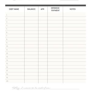 May include: A white debt overview planner page with a black border. The title "Debt OVERVIEW" is at the top, with fields for debt name, balance, APR, minimum payment, and notes. Includes space to write "Why I want to be debt free:"
