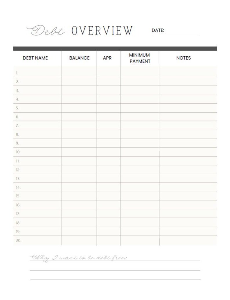May include: A white debt overview planner page with a black border. The title "Debt OVERVIEW" is at the top, with fields for debt name, balance, APR, minimum payment, and notes. Includes space to write "Why I want to be debt free:"