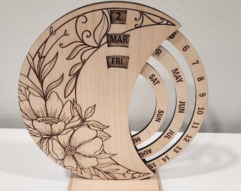 Flower & Moon Birch Perpetual Calendar: Laser Engraved Wooden Desk Decor