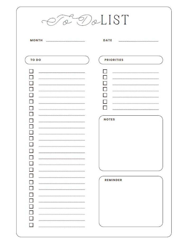 May include: A white To Do List notepad with a minimalist design. The top of the notepad features the words "To Do List" in elegant script. It includes sections for month, date, to-do items, priorities, notes, and reminders.