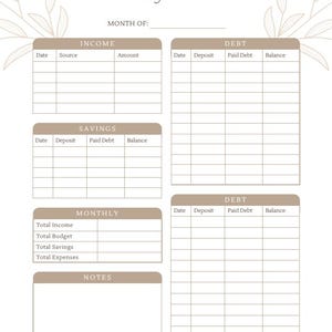 May include: A beige and white monthly budget planner with sections for income, debt, savings, and expenses. The title "Monthly BUDGET" is at the top, with space to write the month. Floral design elements are present.