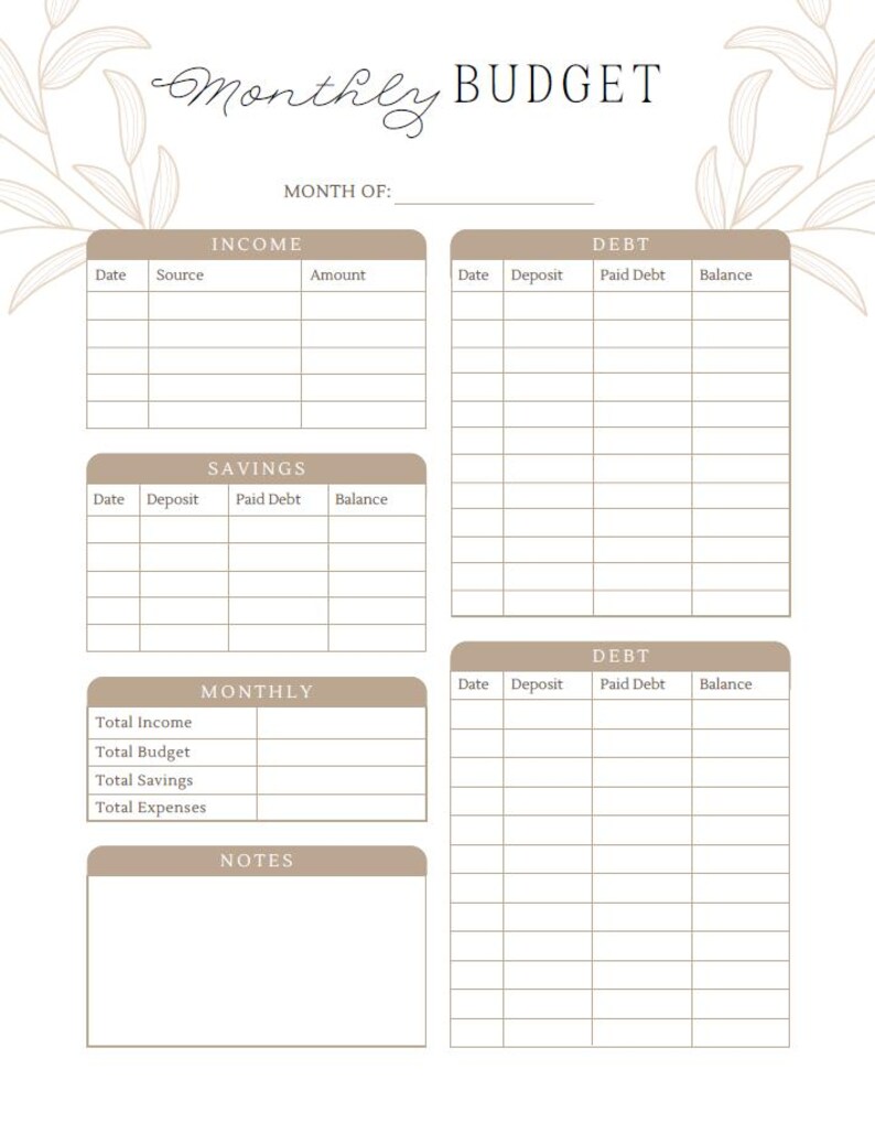 May include: A beige and white monthly budget planner with sections for income, debt, savings, and expenses. The title "Monthly BUDGET" is at the top, with space to write the month. Floral design elements are present.