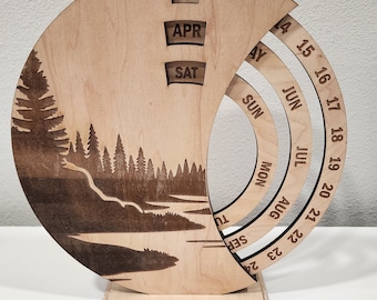 Tree and Lake Scene Birch Wood Perpetual Calendar