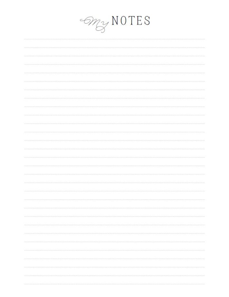 May include: A white notebook page with horizontal dotted lines for writing. The words "my NOTES" are printed at the top in a delicate, cursive font. The notebook is designed for taking notes.