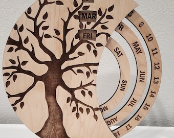 Tree Perpetual Calendar: Laser Engraved Birch Wood