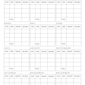 May include: A black and white monthly debt tracker with sections for each month of the year. The tracker includes spaces for date, debt, amount, and balance. The text "Small steps lead to big changes" is written in cursive.